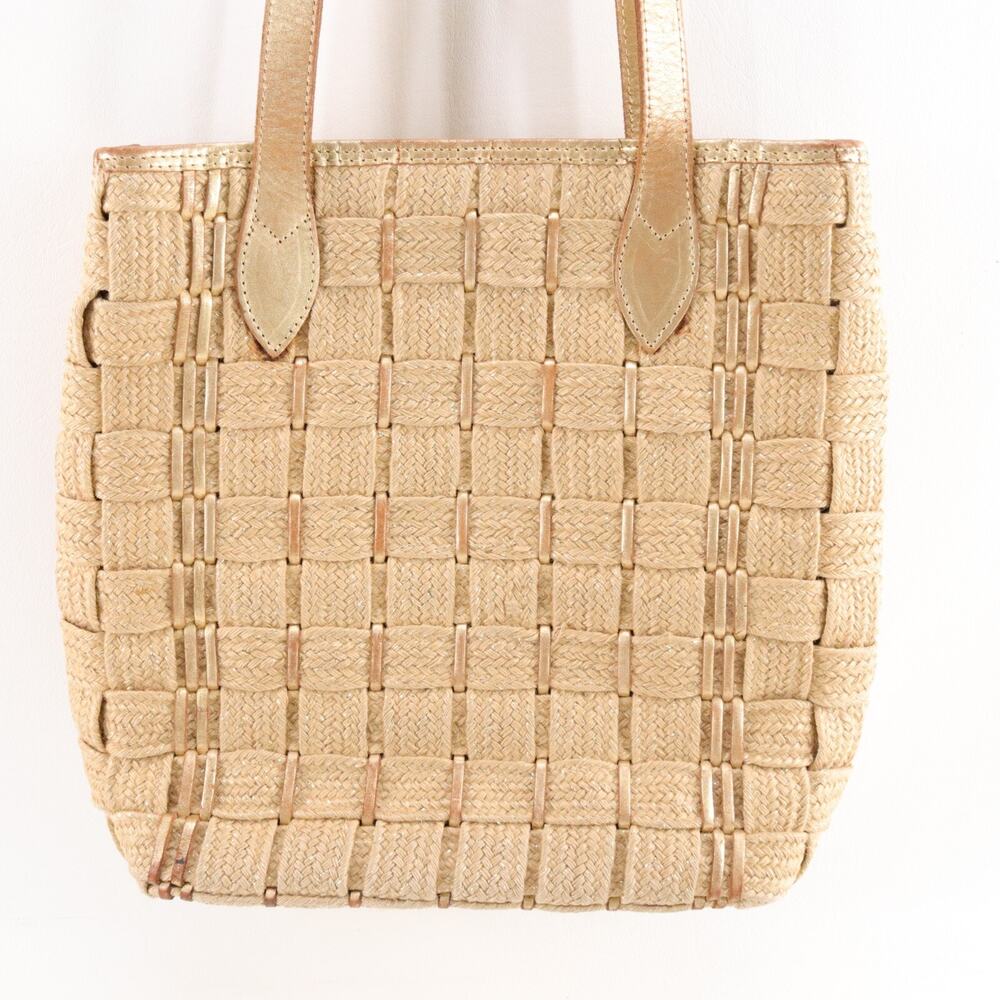 Vtg LJS Collection Handbag Metallic Cream Tan Leather Braided Double Straps